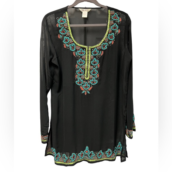 Lucky & Coco Beaded black Coverup/ Tunic Sheer Stunning Colorful Hand Beading - Picture 5 of 12